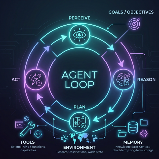 The agent loop: Perceive → Reason → Plan → Act → back to Perceive. This continuous feedback loop is what separates a true agent from a static workflow.